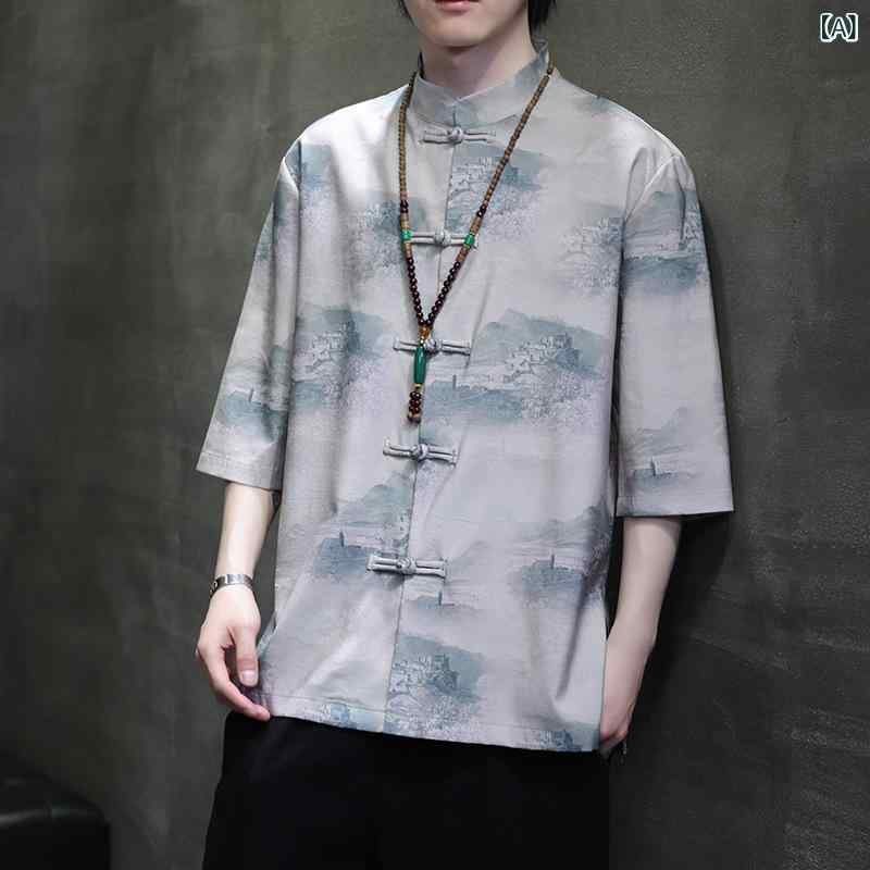 シャツ メンズ トップス 中国風 中華風 新中式 唐装風 盤扣 チャイナボタン 半袖 七分袖 接触冷感 涼感 ポリエステル 春夏 大きいサイズ ビッグシルエット 日常使い 普段使い 山水画柄 清明上河図柄