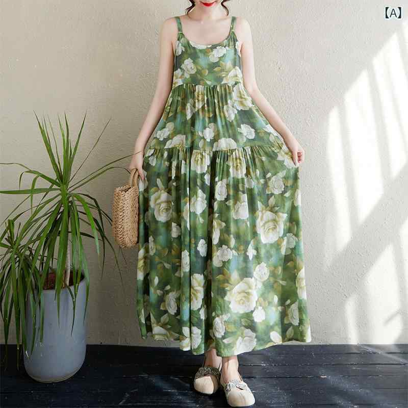 ワンピース レディース 綿麻 花柄 薄手 透け感 切り替え ロング丈 キャミワンピース ゆったり リラックスフィット 体型カバー フレア Aライン ティアード 春夏 リゾート