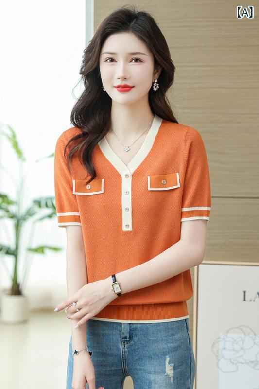 Tシャツ カットソー レディース 春夏 半袖 接触冷感 シルク 絹 レーヨン 薄手 ニット 細見え 若見え シンプル おしゃれ Vネック 配色デザイン 通勤 オフィス 普段使い