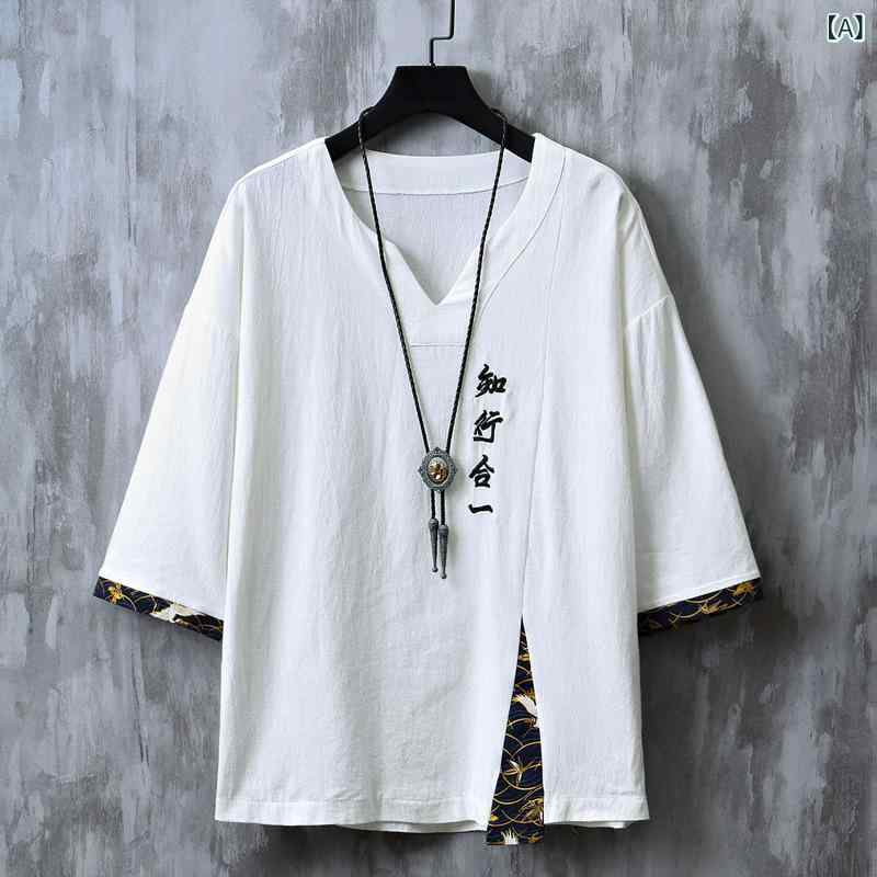 Tシャツ メンズ 中華風 エスニック柄 レトロ トレンド カジュアル 綿麻 コットンリネン 刺繍 ウォッシュ加工 五分袖 ゆったり ビッグシルエット Vネック 薄手 軽量 大きいサイズ 夏