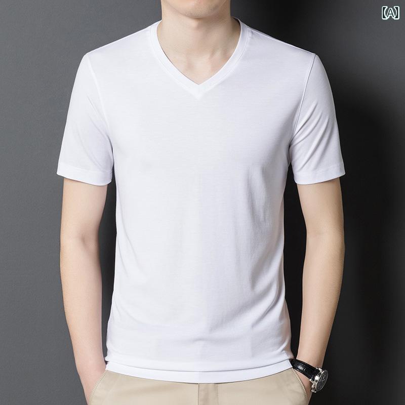 Tシャツ メンズ 男性用 高級感 桑蚕シルク 真絲質感 肌触り良い 接触冷感 UVカット 通気性 吸湿速乾 防シワ 半袖 Vネック ゆったり ルーズフィット 無地 カジュアル 普段使い 都会的 春夏秋