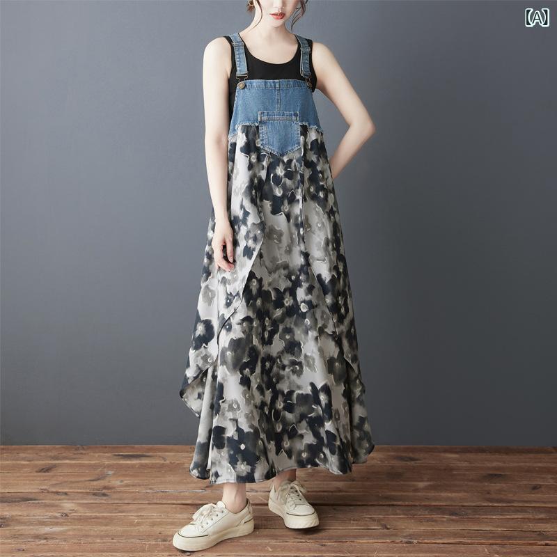 ワンピース レディース 女性用 春夏 フリル シフォン 透け感 プリント 花柄 フラワープリント デニム切り替え サロペット キャミワンピース ゆったり リラックスフィット ノースリーブ ミディ丈 ミモレ丈 ロング丈 グレー カジュアル ストリート エレ