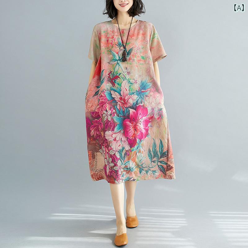 ワンピース レディース 春夏 ゆったり リラックスフィット 着痩せ効果 ミモレ丈 ロング丈 花柄プリント シフォン エレガント 通勤 オフィスカジュアル ラウンドネック 三分袖 赤 青