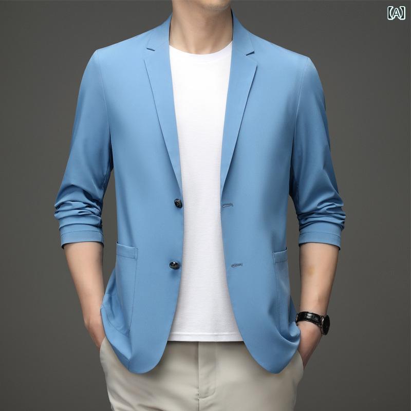 ジャケット メンズ 春夏 高級感 接触冷感 UVカット 軽量 スリムフィット 形態安定 ノーシワ カジュアル ビジネス 紳士 テーラード 吸湿速乾 防風 ポリエステル混紡 ブラック ネイビー