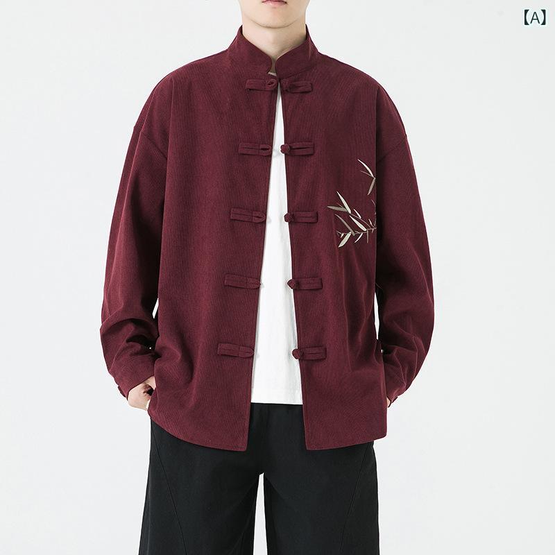 シャツ メンズ 中国風 レトロ チャイナシャツ 中山服風 コーデュロイ 飾りボタン 刺繍 長袖 ゆったり ビッグシルエット カジュアル 普段使い 春秋 ボルドー ブラック 大きいサイズ