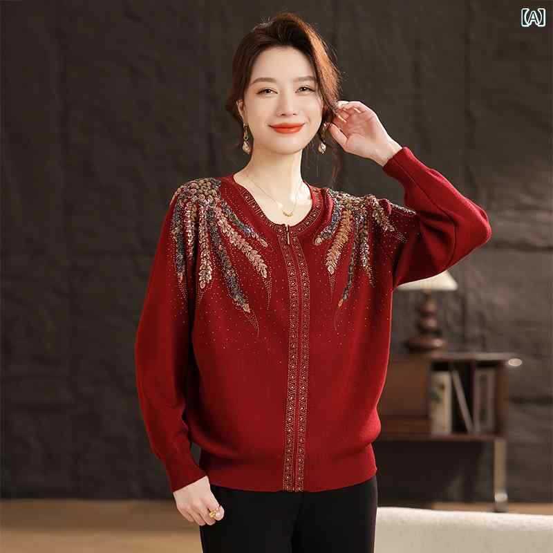 カーディガン レディース 婦人服 ミセス 春夏 豪華刺繍 長袖 ニット おしゃれ 華やか 羽織り トップス お出かけ 普段使い レッド系