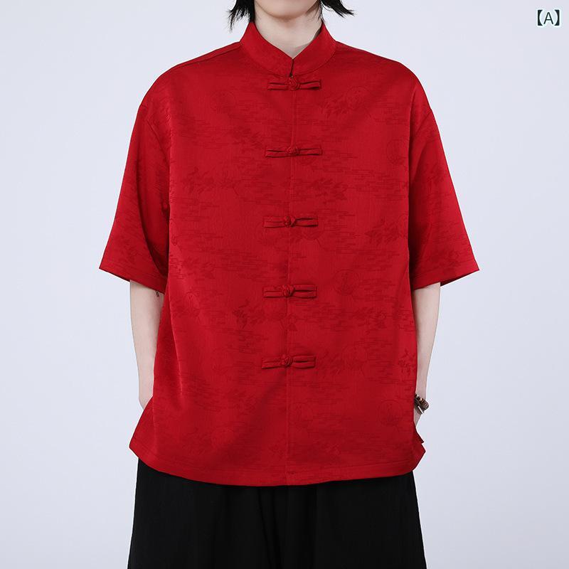 シャツ メンズ 春夏 半袖 中国風 モダンチャイナ レトロ プリント柄 チャイナボタン 大きいサイズ 薄手 リネン ウォッシャブル スタンドカラー ゆったり