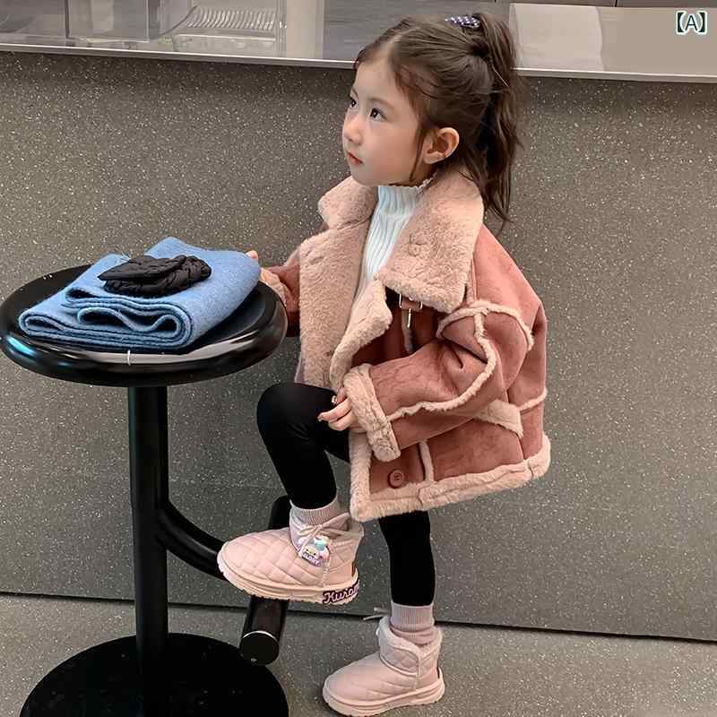 コート キッズ 女の子 アウター フェイクファー ボア ムートン風 秋冬 厚手 肌触り良い 襟付き シングルボタン ミドル丈 長袖 おしゃれ かわいい カジュアル 韓国風 ピンク キャラメル