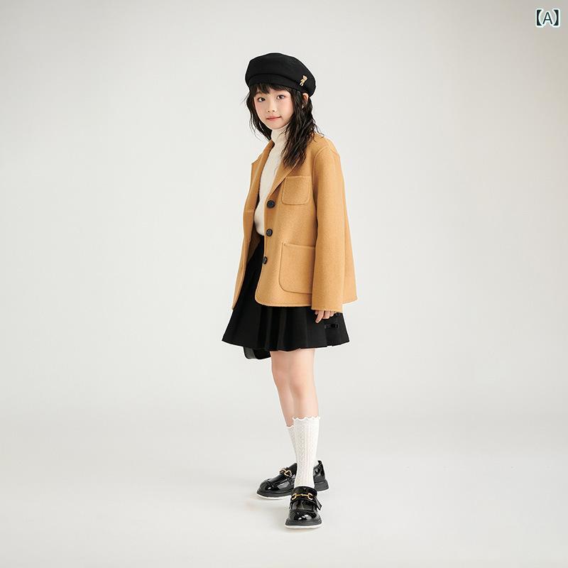 厚地の外套 キッズ 男女兼用 羊毛 メルトン ダブル人間の顔 朦々たる 好いたらしい テーラードカラー シングル名取り草 無地 真っただ中丈 スポーツジャケット 心地よい レトロ 通園通学 秋冬 駱駝 黒いこと