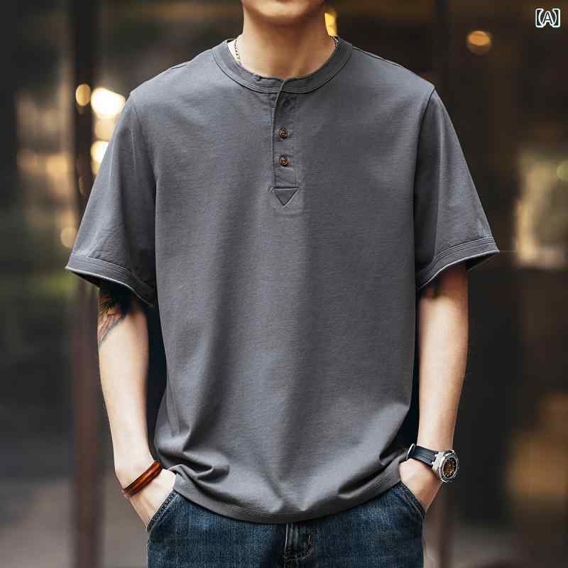 Tシャツ メンズ 男性用 アメリカンヴィンテージ レトロ ヘンリーネック ポロシャツ 半袖 カットソー 夏 サマー ゆったり ルーズフィット ビッグシルエット コットン グレー 無地 薄手 ドロップショルダー カジュアル 普段使い