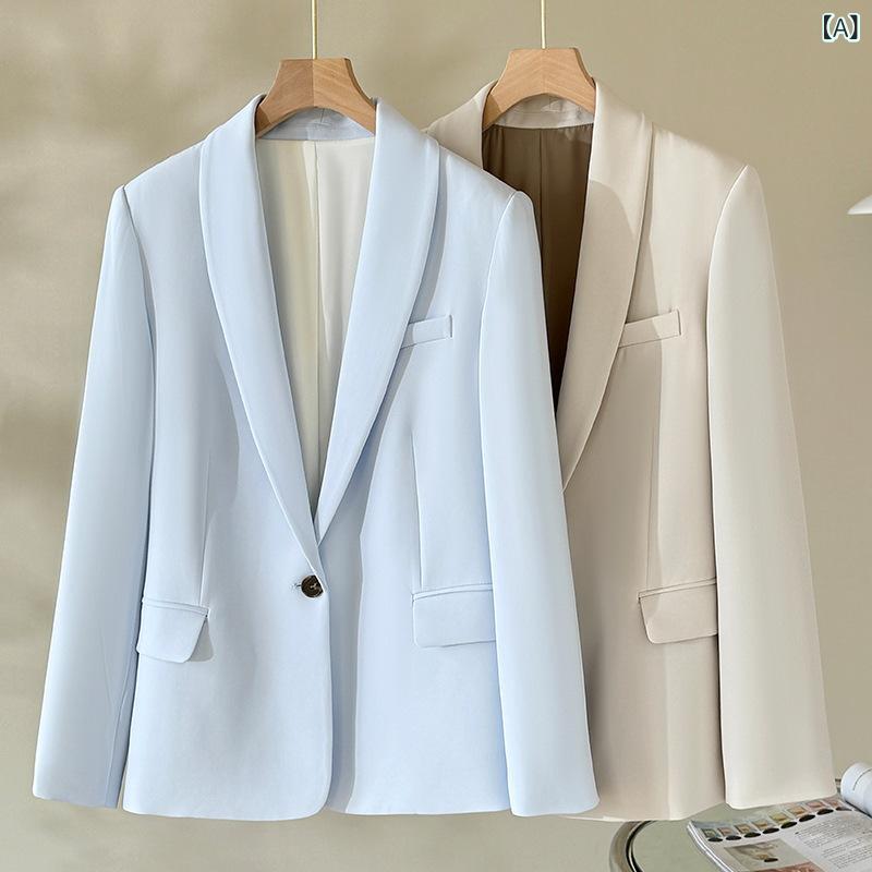 ジャケット レディース 女性用 三醋酸繊維 ポリエステル オフィス ビジネス 通勤 エレガント 上品 ショールカラー ストレート 長袖 ポケット 切り替え 春夏 ベージュ ライトブルー