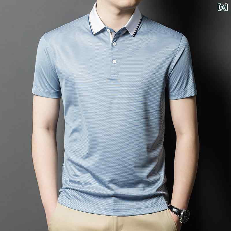 POLOプルオーバー メンズ 半袖 襟付き添い人 縞模様 当たること冷感 桑蚕地絹 薄っぺら シームレス 吸湿速乾 通気性 洗い濯ぎ機可 デイリー青少年 商行為 心地好い 成年者 成人男性用 春夏 青み 赤いこと 薄墨色 飛び切り感