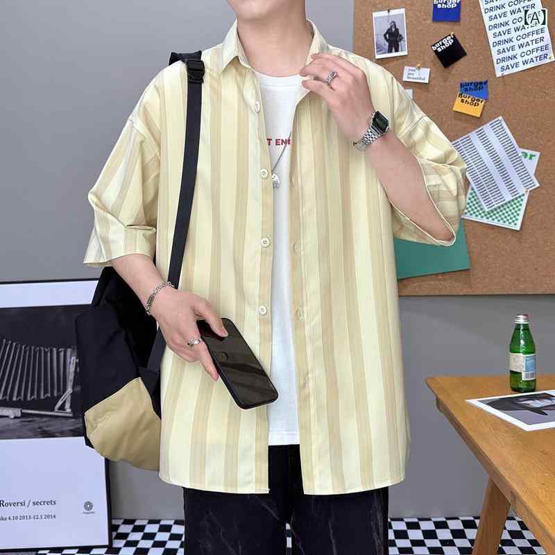 シャツ メンズ 男性用 半袖 ストライプ 襟付き シンプル カジュアル 普段使い ゆったり オーバーサイズ ビッグシルエット ストレッチ 伸縮性 ポリエステル 夏 サマー 黄色系 茶色系