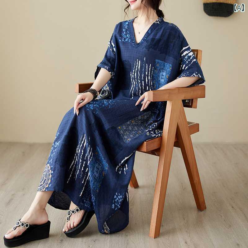 ワンピース レディース 春夏 Vネック 薄手 コットンリネン 綿麻 ゆったり ビッグシルエット 体型カバー リラックス リゾートスタイル サマードレス レトロ ロング丈 マキシ丈 ブルー
