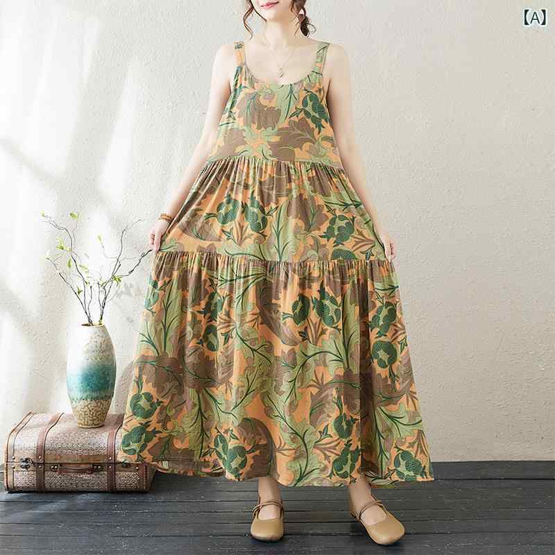 ワンピース レディース ノースリーブ プルオーバー Aライン レトロ フェミニン ゆったり 大きいサイズ かわいい 夏 通勤 普段使い リゾート イエロー系 フラワー柄