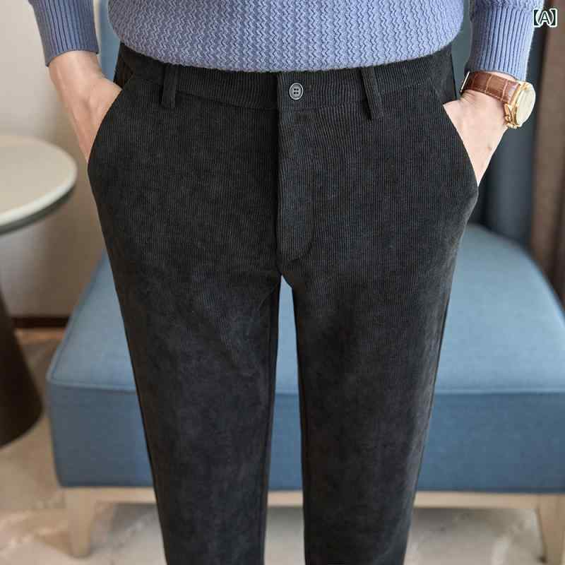 スラックス 男性用 秋冬 厚手 コーデュロイ スリムフィット 細身 ストレート 長ズボン チノパン トラウザー ビジネス オフィス 通勤 普段使い ポリエステル ストレッチ