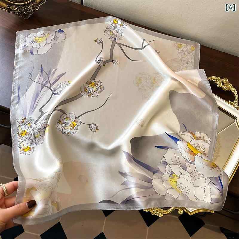 スカーフ レディース 春夏 桑蚕シルク カメリア柄 上品 エレガント 高級感 万能 53cm 正方形 オフィス カジュアル 通勤 普段使い ミニマル シック
