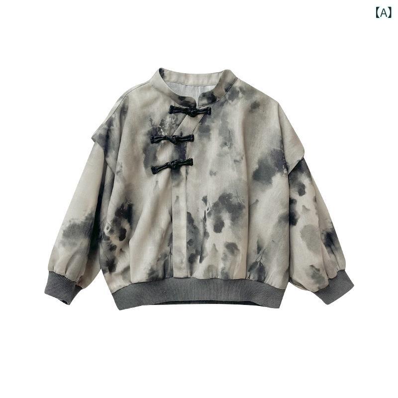 シャツ 男の子 キッズ ジュニア 長袖 シャツジャケット アウター モダンチャイニーズ 中国風 水墨画 スタンドカラー おしゃれ トレンド ポリエステル 春