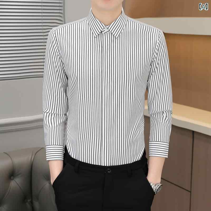 シャツ メンズ 秋冬 ビジネス カジュアル 麻混 ストレッチ スリムフィット 裏起毛 七分袖 切り替え 高品質 大きいサイズ オフィス 通勤 普段使い 暖か 防寒