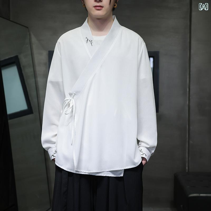 カーディガン メンズ 春夏 チャイナ風 漢服 和風 レトロ トレンド 刺・墸 無地 UVカット 日焼け対策 ビッグシルエット カジュアル シェニール ストレッチ ホワイト ブラック 羽織り