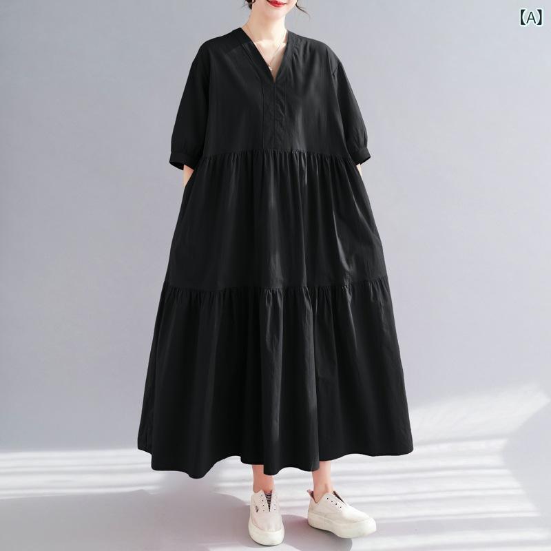 ワンピース レディース 韓国ファッション ゆったり 楽ちん 体型カバー 着痩せ効果 半袖 ハーフスリーブ Vネック ロング丈 膝丈 綿 コットン 無地 春夏 大人可愛い きれいめ カジュアル ブラック ピンク グリーン ブルー