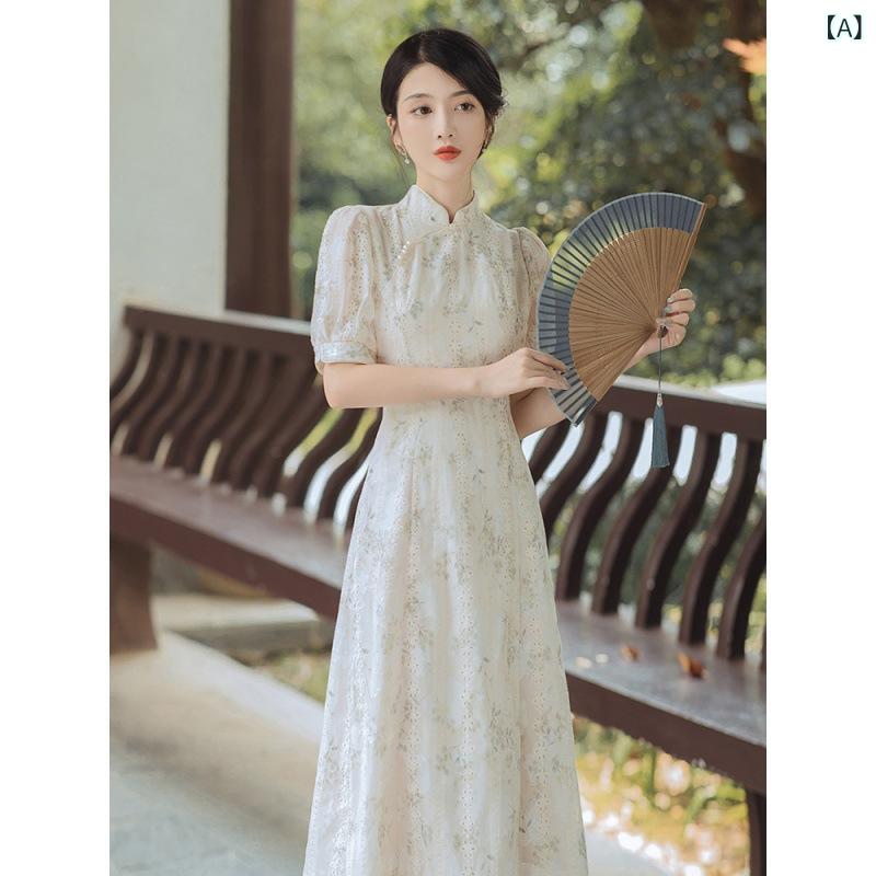 チャイナドレス レディース 少女 新チャイナ 改良型 中国風 レトロ 上品 エレガント ワンピース 半袖 ポリエステル お出かけ デイリーユース 春夏