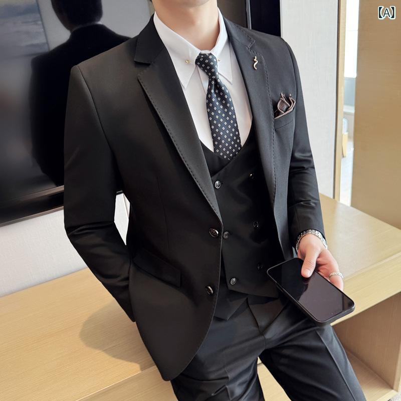 スーツ メンズ 男性用 春秋 無地 上質 シンプル パイピング スリーピース ポリエステル混紡 スリムフィット 細身 ビジネス オフィス フォーマル 結婚式 オフィスカジュアル セットアップ
