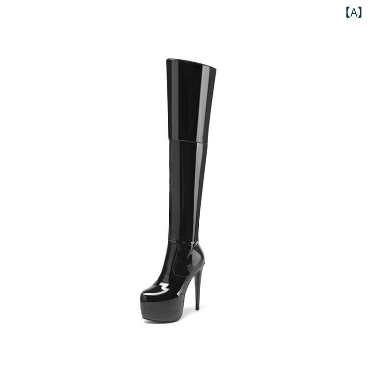 ブーツ レディース 女性用 秋冬 ニーハイ オーバーニーブーツ 15cm 超ハイヒール 細ヒール スティレットヒール 厚底 ストーム エナメル パテントレザー ポインテッドトゥ ブラック 騎士ブーツ ライダースタイル