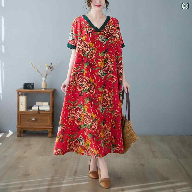 ワンピース レディース 半袖 Vネック ロング丈 Aライン 体型カバー ゆったり レトロ エスニック ボヘミアン 綿麻 リネン 大きいサイズ 着痩せ ナチュラル カジュアル 上品 エレガント レッド 春夏