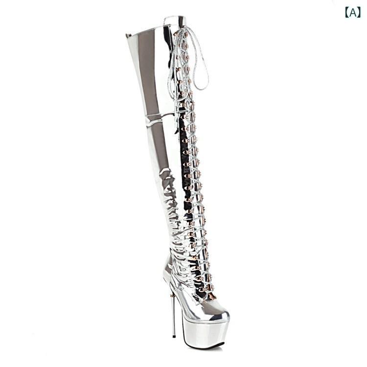 ニーハイブーツ レディース 16cm 超高ヒール ピンヒール プラットフォーム 厚底 ロング丈 美脚 スタイルアップ オーバーニー シルバー ブラック ベージュ マイクロファイバー 合成皮革 サイドジッパー ラバーソール カジュアル モード 秋冬
