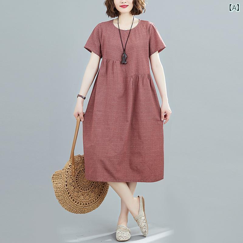ワンピース レディース リネン 綿麻 半袖 クルーネック ミモレ丈 Aライン ゆったり 体型カバー 大きいサイズ チェック柄 カジュアル フェミニン レッド ブルー ブラウン 夏