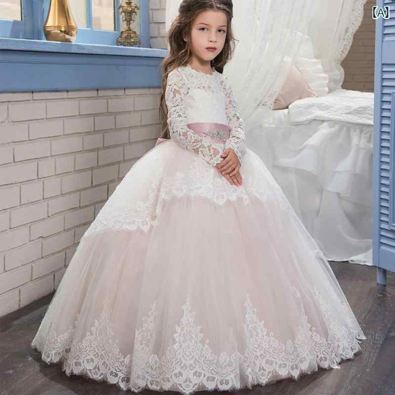 ドレス キッズ 女の子 ジュニア 小学生 プリンセス ボリュームチュール ロング レース花柄 ウェディング 結婚式 発表会 演奏会 ステージ フォーマル ポリエステル 裏地コットン Aライン 上品 華やか