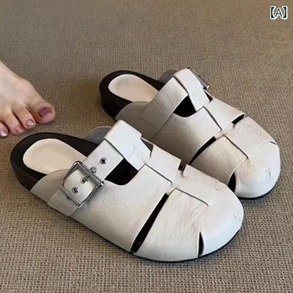 サンダル レディース 羊革 フレンチ編み込み 厚底 ワンストラップ ミュール 夏物 外履き レトロ 万能 クローズドトゥ ラウンドトゥ ゴム底 普段使い ホワイト ブラック 韓国風