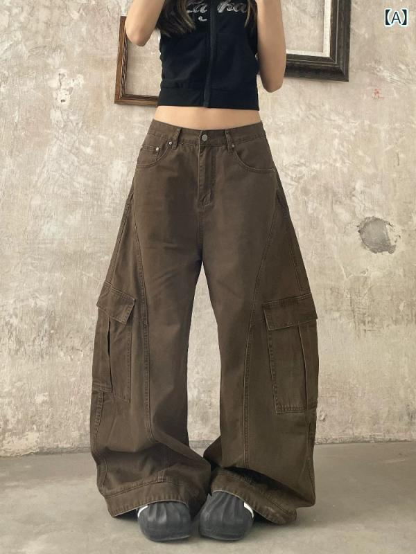 デニムパンツ レディース ハイウエスト スタイルアップ ゆったり ストレートシルエット ワークテイスト デニム生地 ロング丈 ノンストレッチ ボタンデザイン 大人カジュアル 普段使い