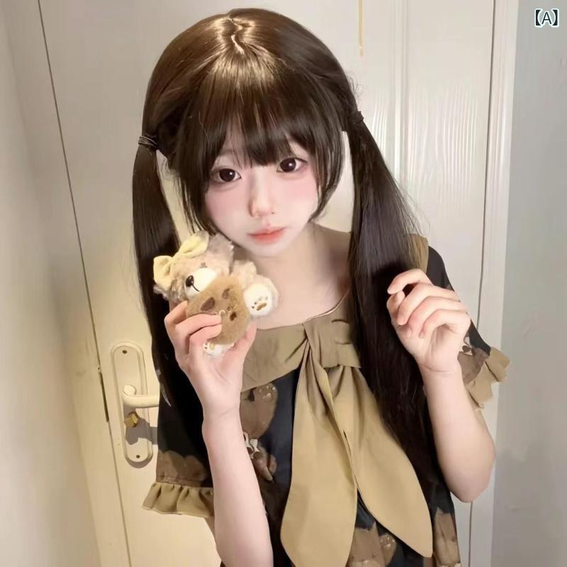 ウィッグ 女性用 フルウィッグ 全頭かつら ぱっつん前髪 フルバング 60cm ロリータ ナチュラル 自然な質感 耐熱ファイバー クールブラウン アッシュブラウン ダークブラウン ロングストレート ストレートヘア 萌え系 少女風 若見え コスプレ 普段使