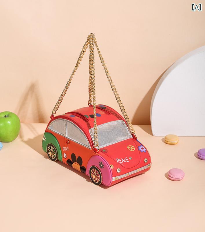 御徒面子 レディース ミニカー型 四輪車動機 チェーンストラップ 手提げ バイ色合い 色彩設計 個人的特徴的 創作的 可愛らしい ポンチ絵 小型 PUなめし革 春夏 普段使い走り デイリー若い者