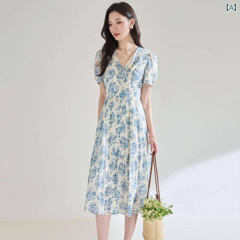 衣装 夏 フレンチシック 雅びやか Vのど首 青花青色 花柄 綿織物 半袖 酉の方角シュロの葉 御機嫌酉の方角 ロング丈 表現スタイル引きあげる