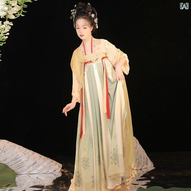 漢服 レディース オリジナル 斉胸襦裙 古典風 中国民族衣装 ポリエステル 春夏 デイリー ウエストベルト ロング丈 フレアスカート 淡色カラー