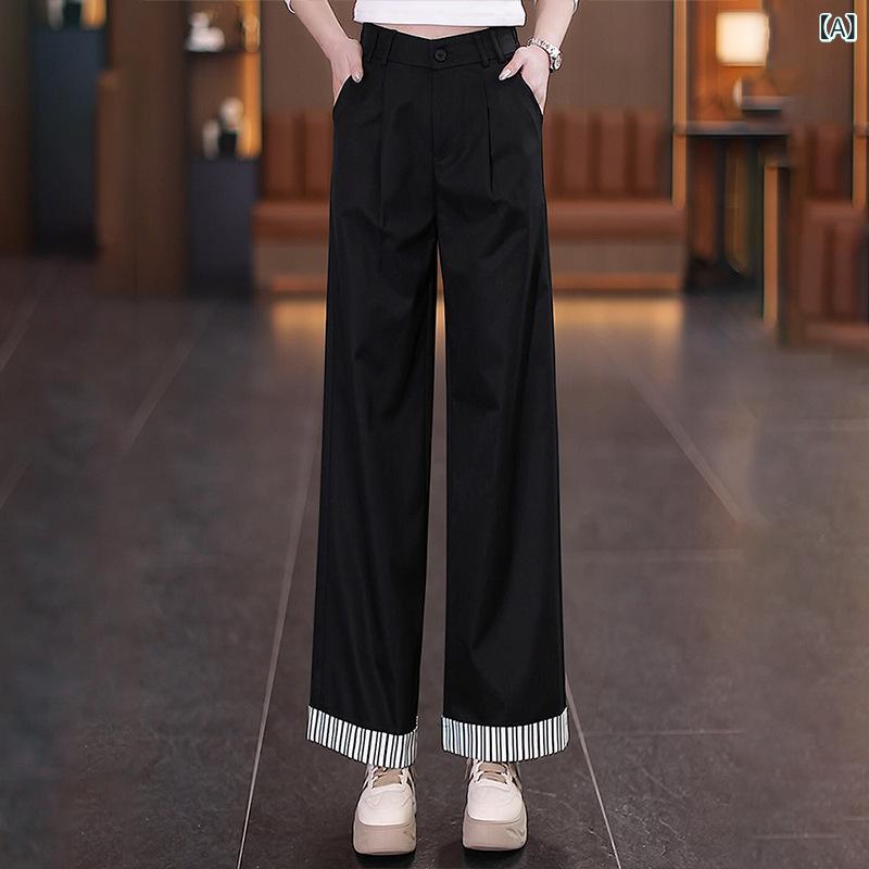 カジュアルパンツ レディース ストライプ柄 切り替え ロールアップ裾 無地 ワイドパンツ ロングパンツ 薄手 ストレッチ ハイウエスト ウエストゴム 体型カバー 脚長効果 春夏 通勤 オフィス きれいめ ポリエステル 黒