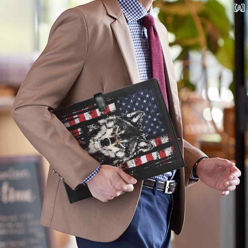 ファイルケース メンズ 書類ケース ドキュメントケース PUレザー オオカミ柄 ウルフプリント ビジネス オフィス 仕事 通勤 クラッチバッグ セカンドバッグ 手持ち A4対応 メタルバックル