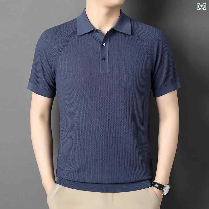 Tシャツ メンズ 男性用 半袖 ニット ポロ襟 ストレートシルエット カジュアル ストレッチ 伸縮性 無地 シルク 絹 薄手 通気性 リブヘム 普段着 春夏