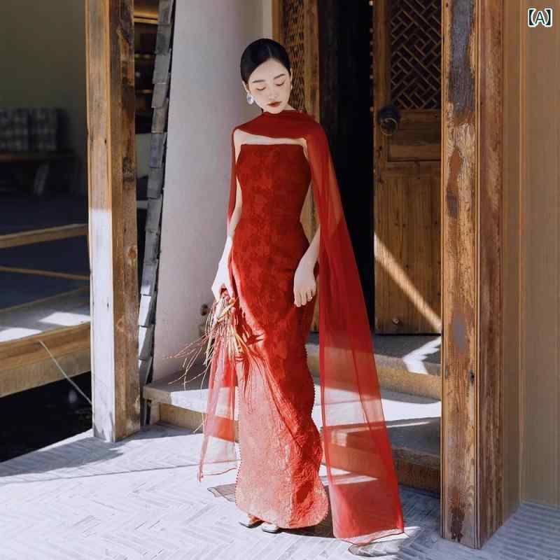 ドレス レディース チャイナ風 イブニングドレス パーティー 成人式 婚約 結婚式 披露宴 ウェディング 花嫁 ワインレッド レッド チューブトップ ノースリーブ Aライン ロングワンピース カラードレス 春夏 フォーマル お呼ばれ
