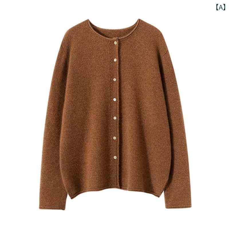 カーディガン レディース カシミヤ 保温 厚手 クルーネック 長袖 無地 ゆったり 大人かわいい フェミニン 秋冬 前開き ミドル丈 ライトブラウン ベージュ