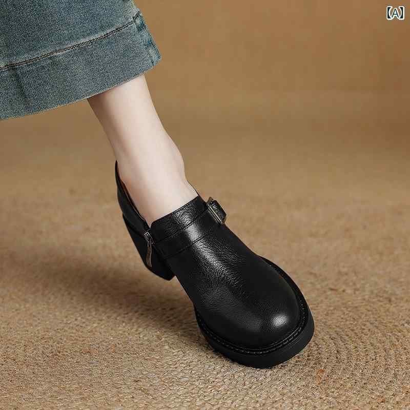 パンプス レディース ラウンドトゥ 羊革 ラムレザー 太ヒール チャンキーヒール ハイヒール ストラップ バックル レトロ クラシック 大きいサイズ 春秋 デイリー オフィス 通勤 お出かけ ブラック ブラウン 無地 安定感 快適