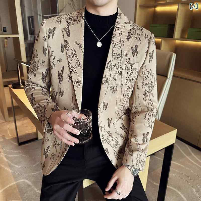 テーラードジャケット メンズ 成人男性用 か細い相応う 細身 刷り上げる 花柄 御膳上等 ポリエステル シングル前胸部 ともし火商行為 心地好い 秋冬 通い 普段使い