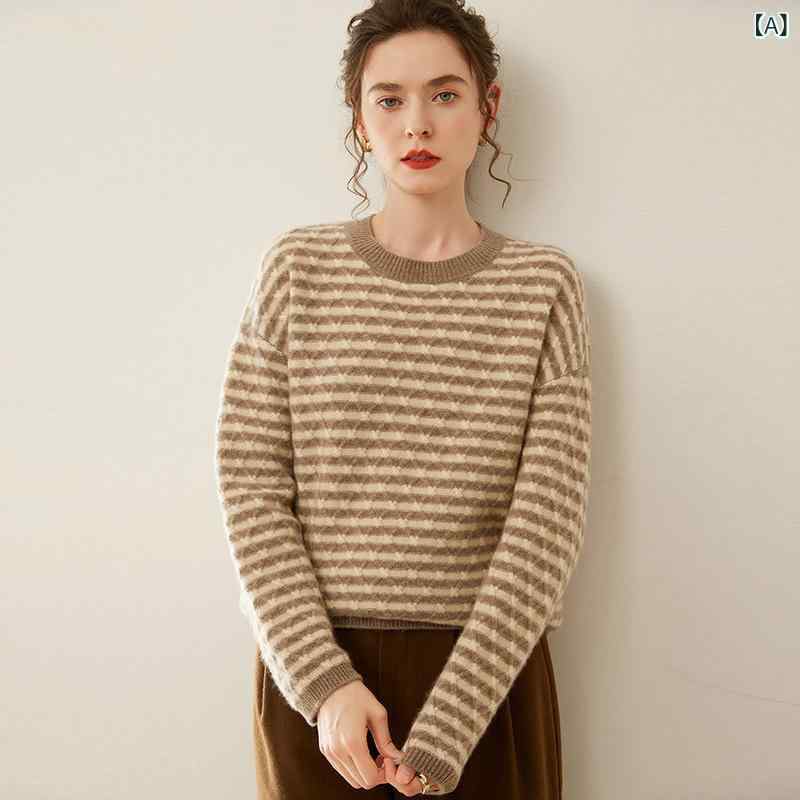 ニット レディース 秋冬 レトロ ヴィンテージ カシミヤ クルーネック 長袖 配色切り替え ストライプ ボーダー 柔らか ふわふわ ゆったり トップス セーター