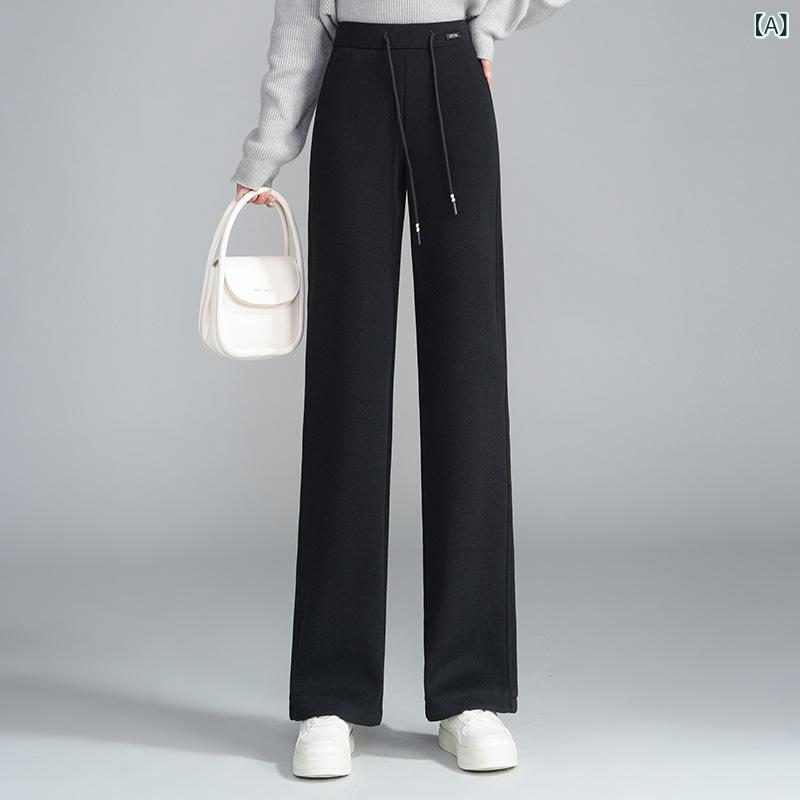 パンツ レディース メルトン ウール混 ワイド ストレート ロング丈 カジュアル 厚手 ゆったり ハイウエスト 無地 秋冬 きれいめ 通勤 オフィス ポリエステル ストレッチ ブラック ブラウン オフホワイト ローズ
