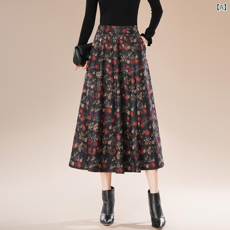 スカート レディース レトロ 花柄 ドット柄 切り替え ウール調 ポリエステル ハイウエスト ドレープ感 細見え Aライン ミディ丈 ポケット付き 微ストレッチ 通勤 オフィス 上品 エレガント 秋冬