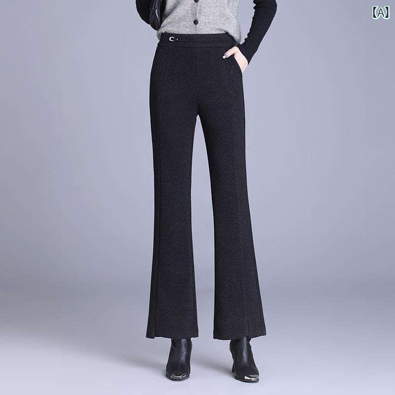パンツ レディース セミフレア ハイウエスト ロング丈 ウールライク ポリエステル 落ち感 厚手 裏起毛 秋冬 カジュアル 通勤 エレガント