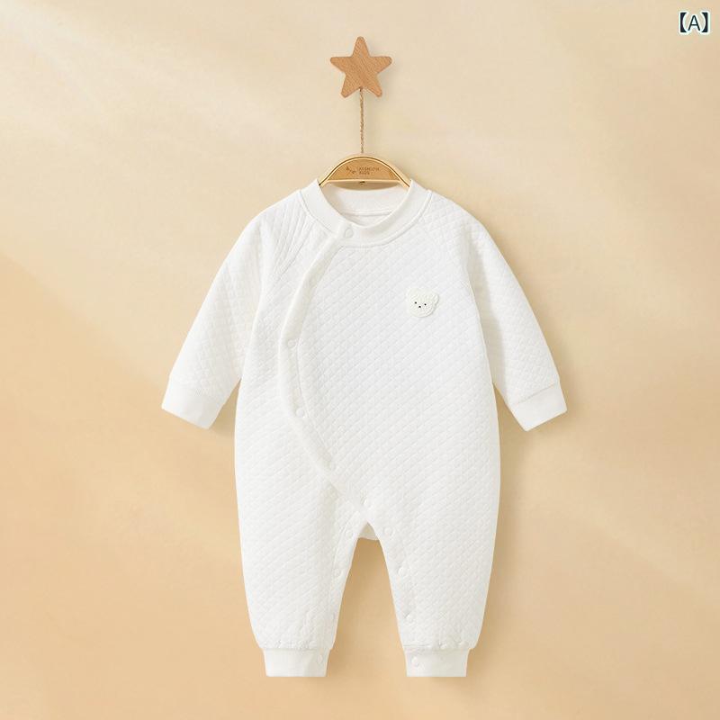 ロンパース ベビー 男女兼用 新生児 赤ちゃん 乳幼児 春秋冬 綿 保温 あったか 薄手 中綿入り キルティング 前開き 長袖 カバーオール ルームウェア 肌着